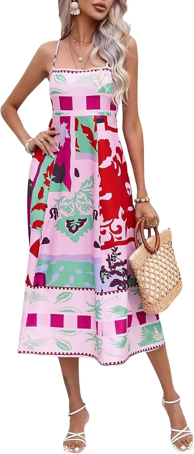 Womens Summer Spaghetti Strap Y2k Boho Maxi Dress Backless Floral Long Dress Casual Flowy Beach Sundress