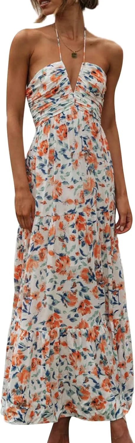 Womens Summer Spaghetti Strap Y2k Boho Maxi Dress Backless Floral Long Dress Casual Flowy Beach Sundress
