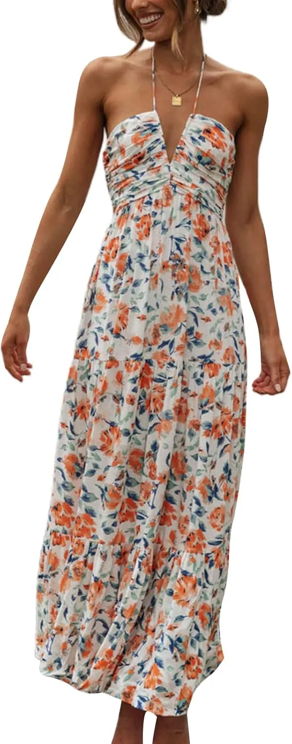 Womens Summer Spaghetti Strap Y2k Boho Maxi Dress Backless Floral Long Dress Casual Flowy Beach Sundress