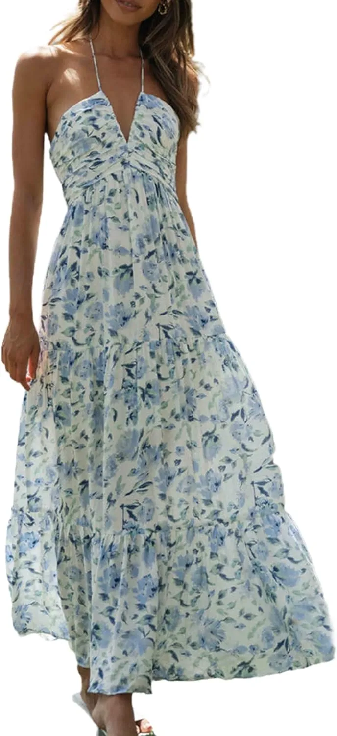 Womens Summer Spaghetti Strap Y2k Boho Maxi Dress Backless Floral Long Dress Casual Flowy Beach Sundress