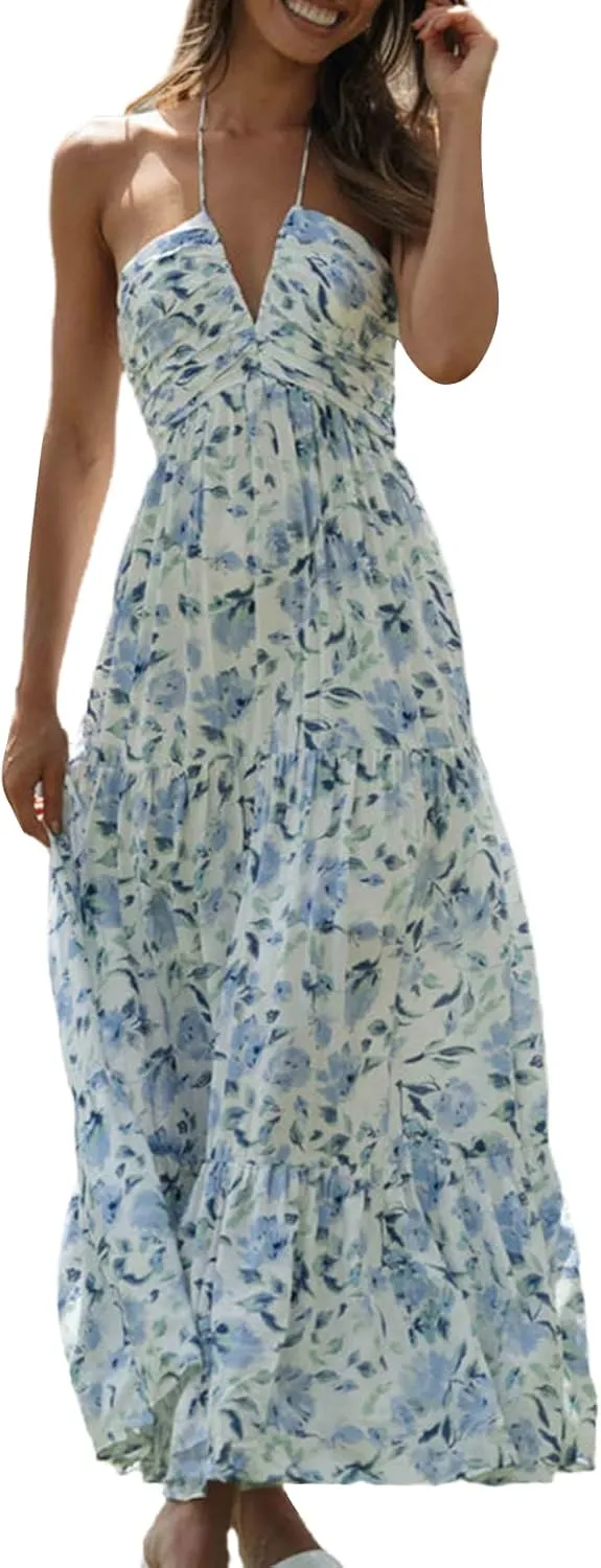 Womens Summer Spaghetti Strap Y2k Boho Maxi Dress Backless Floral Long Dress Casual Flowy Beach Sundress