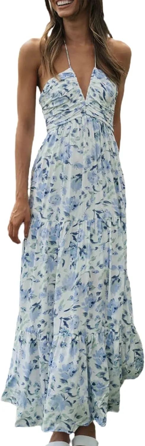 Womens Summer Spaghetti Strap Y2k Boho Maxi Dress Backless Floral Long Dress Casual Flowy Beach Sundress