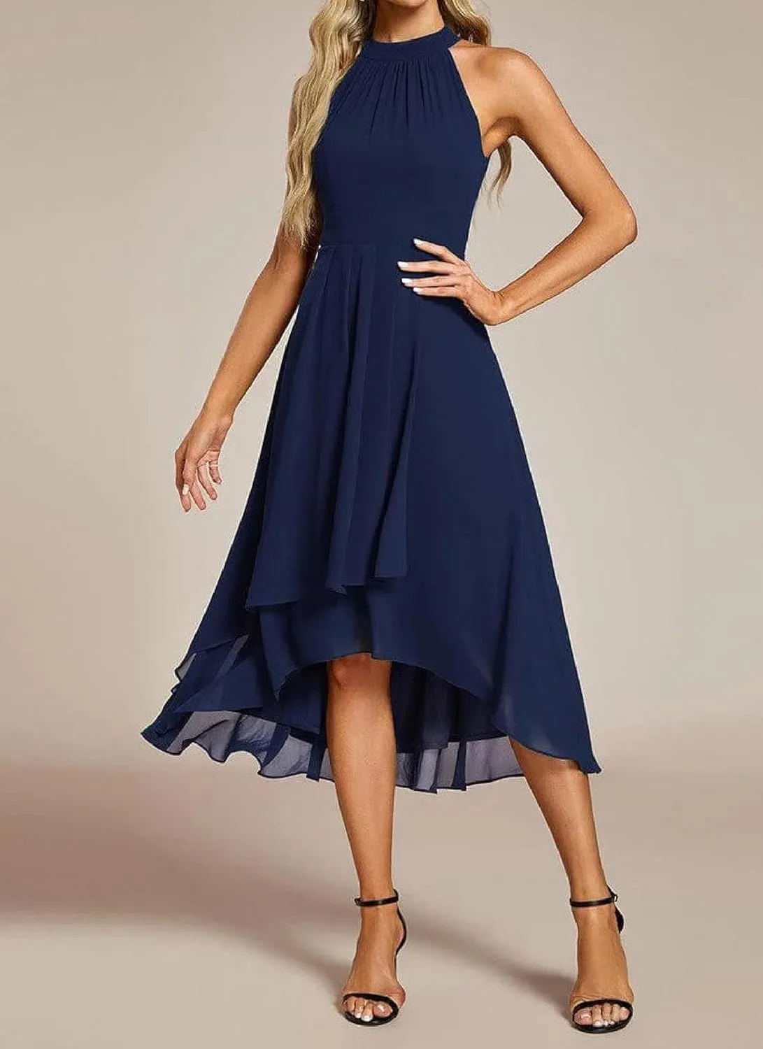 Women's Summer Sundress Sleeveless Halter Neck Spring 2025 Floral Ruffle Tiered Asymmetrical Hem Mini Dresses