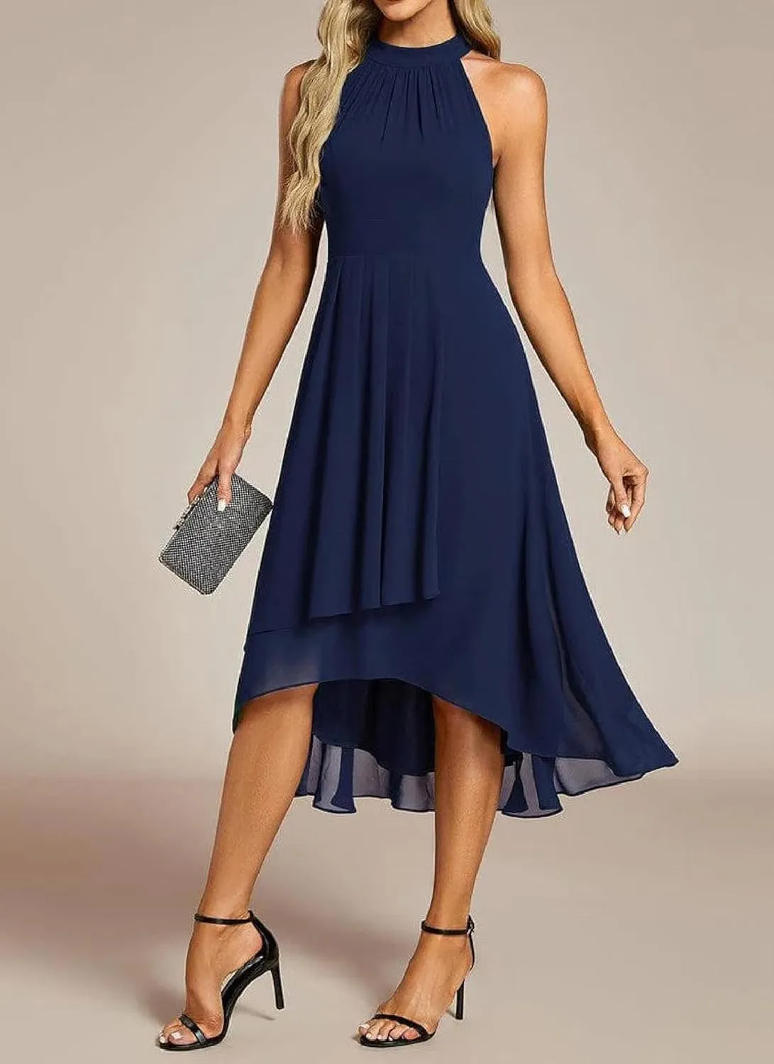 Women's Summer Sundress Sleeveless Halter Neck Spring 2025 Floral Ruffle Tiered Asymmetrical Hem Mini Dresses