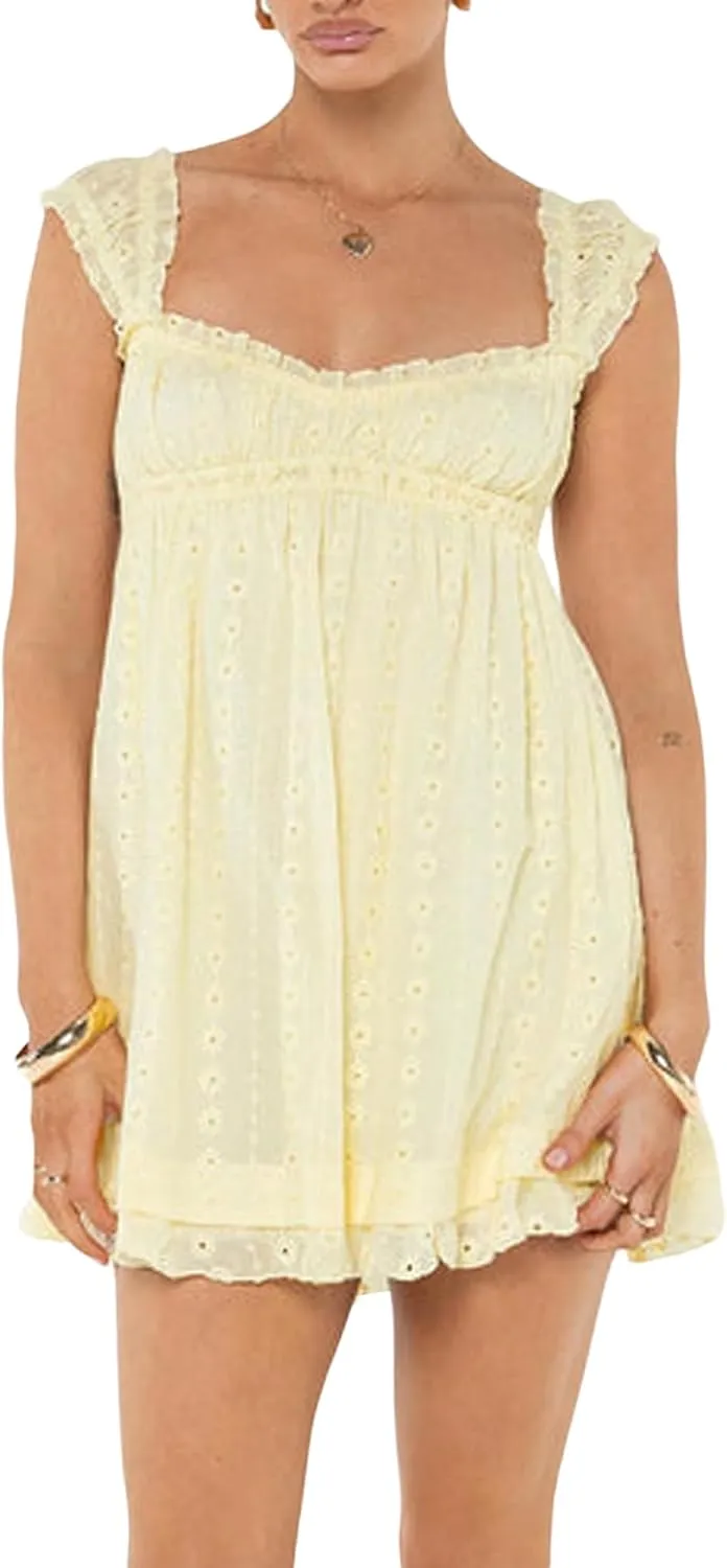 Women's Summer Y2k Mini Dress Floral Embroidery Ruffle Casual A Line Sundress Beach Club Streetwear