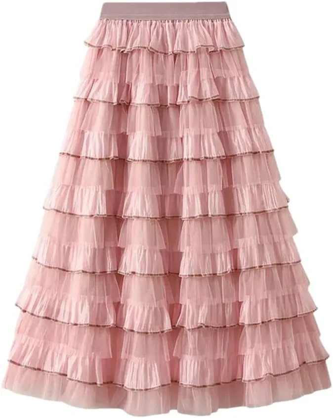 Women's Tiered Ruffle Cake Tulle Skirt Mesh Lace Paneling Pleated A-Line Midi Skirts