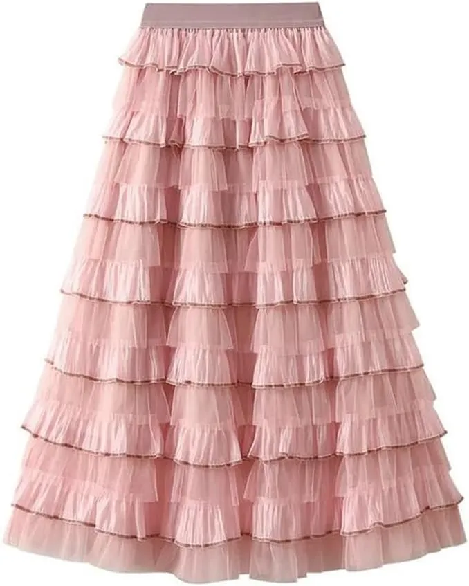 Women's Tiered Ruffle Cake Tulle Skirt Mesh Lace Paneling Pleated A-Line Midi Skirts