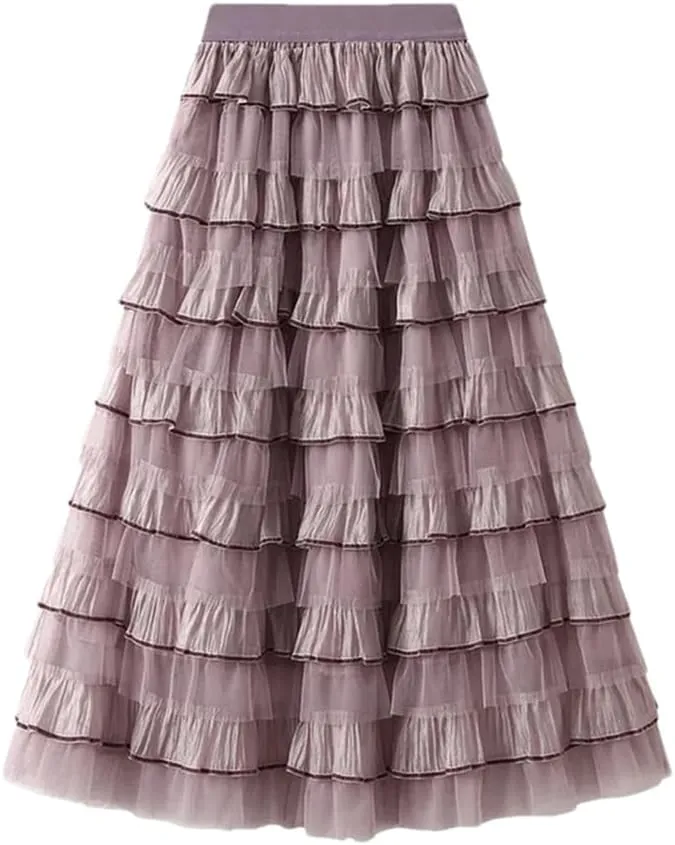 Women's Tiered Ruffle Cake Tulle Skirt Mesh Lace Paneling Pleated A-Line Midi Skirts