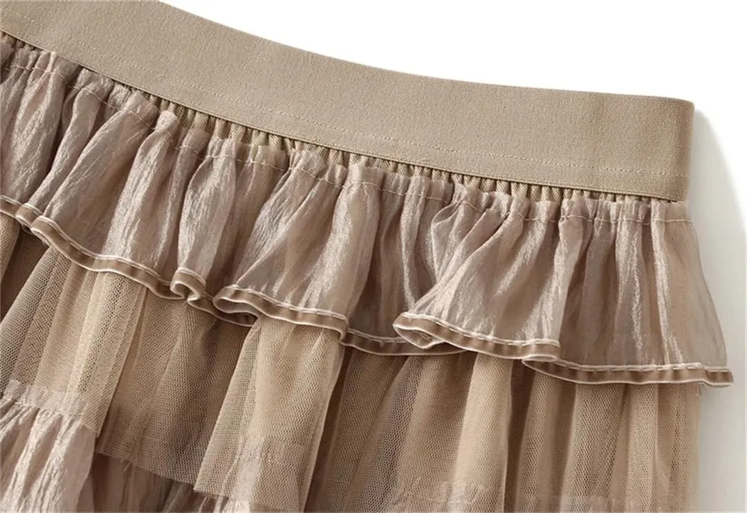 Women's Tiered Ruffle Cake Tulle Skirt Mesh Lace Paneling Pleated A-Line Midi Skirts