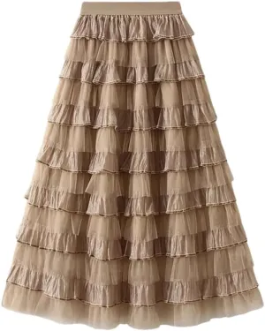 Women's Tiered Ruffle Cake Tulle Skirt Mesh Lace Paneling Pleated A-Line Midi Skirts