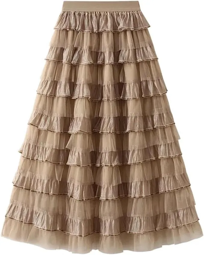 Women's Tiered Ruffle Cake Tulle Skirt Mesh Lace Paneling Pleated A-Line Midi Skirts