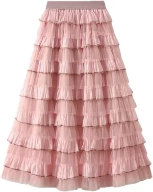 Women's Tiered Ruffle Cake Tulle Skirt Mesh Lace Paneling Pleated A-Line Midi Skirts