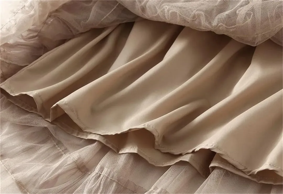 Women's Tiered Ruffle Cake Tulle Skirt Mesh Lace Paneling Pleated A-Line Midi Skirts
