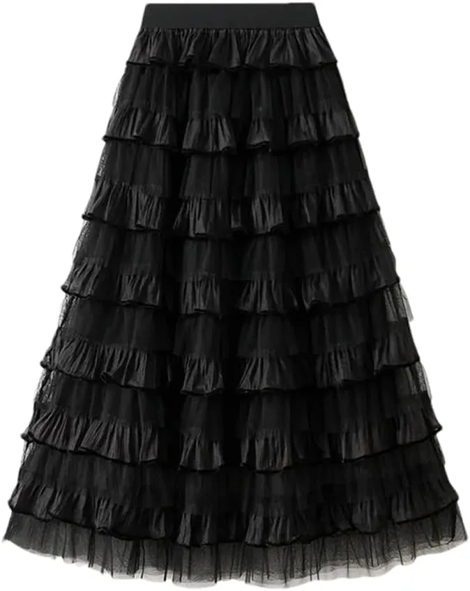 Women's Tiered Ruffle Cake Tulle Skirt Mesh Lace Paneling Pleated A-Line Midi Skirts