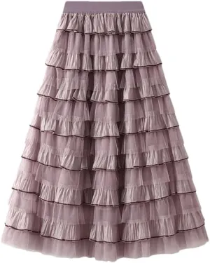 Women's Tiered Ruffle Cake Tulle Skirt Mesh Lace Paneling Pleated A-Line Midi Skirts