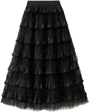 Women's Tiered Ruffle Cake Tulle Skirt Mesh Lace Paneling Pleated A-Line Midi Skirts
