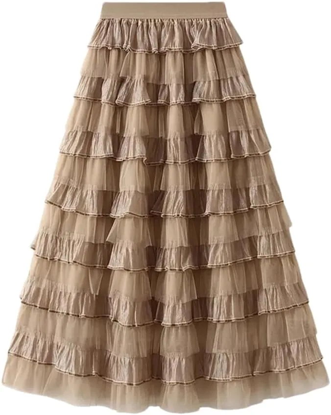 Women's Tiered Ruffle Cake Tulle Skirt Mesh Lace Paneling Pleated A-Line Midi Skirts