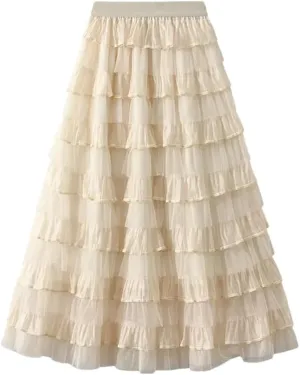 Women's Tiered Ruffle Cake Tulle Skirt Mesh Lace Paneling Pleated A-Line Midi Skirts