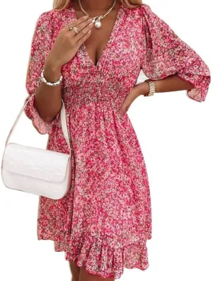 Women's Tiny Floral Shirred Short Ruffle Mini Dress V Neck Long Sleeve A Line Beach Dresses Casual Dresses Rose Red (S)