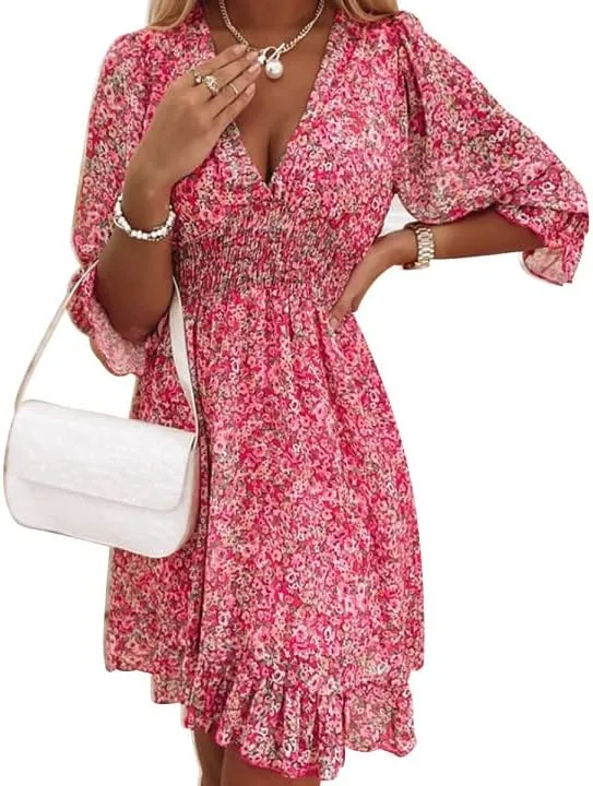 Women's Tiny Floral Shirred Short Ruffle Mini Dress V Neck Long Sleeve A Line Beach Dresses Casual Dresses Rose Red (S)