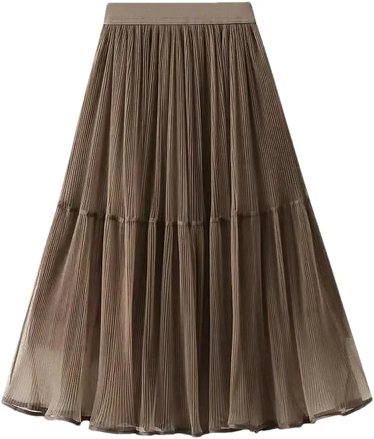 Women's Tulle Mesh Pleated Skirt Stretch High Waist Loose Solid Casual A-Line Midi Skirts