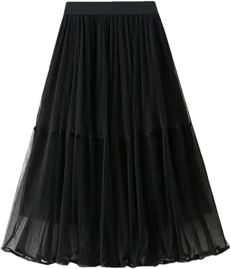 Women's Tulle Mesh Pleated Skirt Stretch High Waist Loose Solid Casual A-Line Midi Skirts