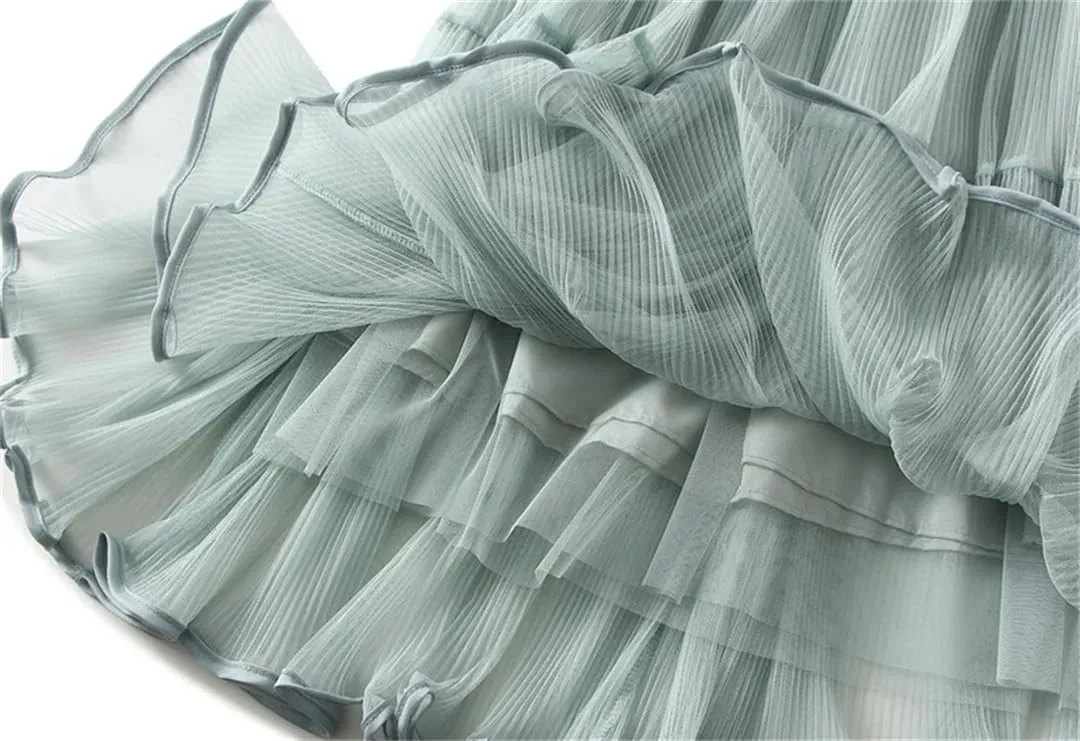 Women's Tulle Mesh Pleated Skirt Stretch High Waist Loose Solid Casual A-Line Midi Skirts