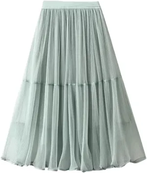 Women's Tulle Mesh Pleated Skirt Stretch High Waist Loose Solid Casual A-Line Midi Skirts