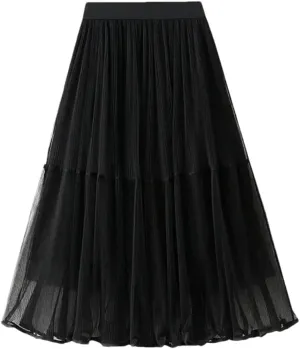 Women's Tulle Mesh Pleated Skirt Stretch High Waist Loose Solid Casual A-Line Midi Skirts