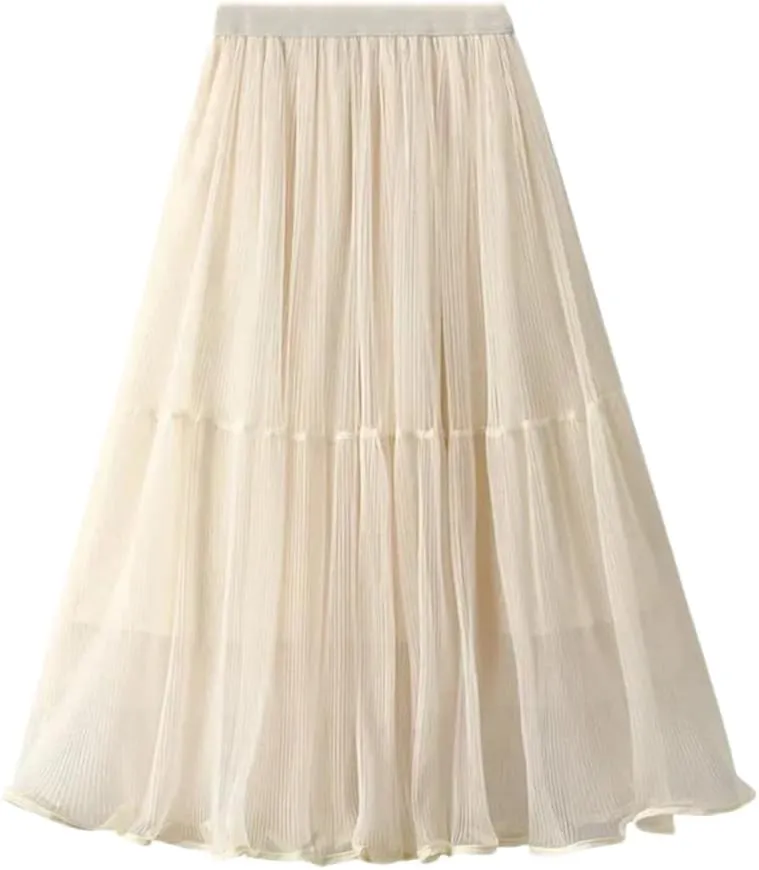 Women's Tulle Mesh Pleated Skirt Stretch High Waist Loose Solid Casual A-Line Midi Skirts
