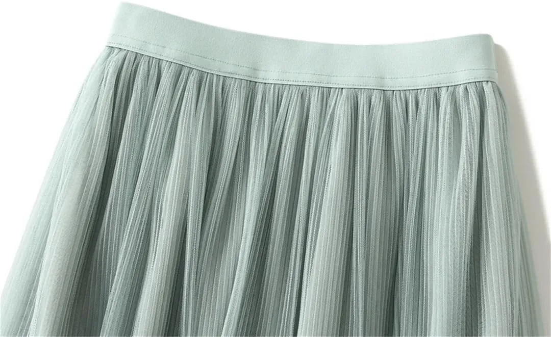 Women's Tulle Mesh Pleated Skirt Stretch High Waist Loose Solid Casual A-Line Midi Skirts