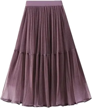 Women's Tulle Mesh Pleated Skirt Stretch High Waist Loose Solid Casual A-Line Midi Skirts