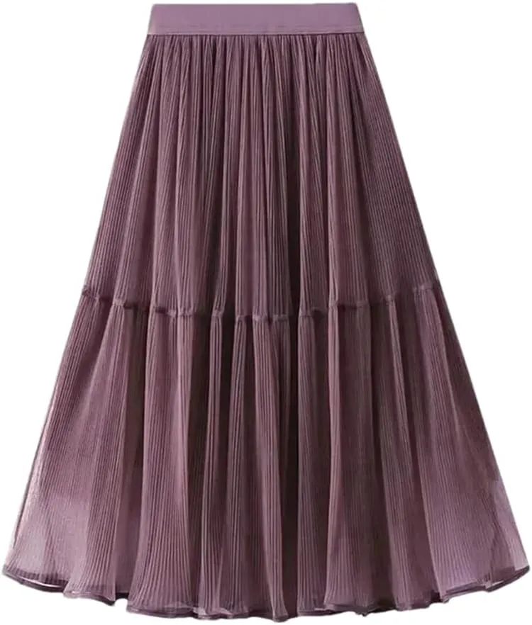 Women's Tulle Mesh Pleated Skirt Stretch High Waist Loose Solid Casual A-Line Midi Skirts