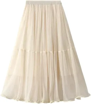 Women's Tulle Mesh Pleated Skirt Stretch High Waist Loose Solid Casual A-Line Midi Skirts