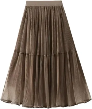 Women's Tulle Mesh Pleated Skirt Stretch High Waist Loose Solid Casual A-Line Midi Skirts