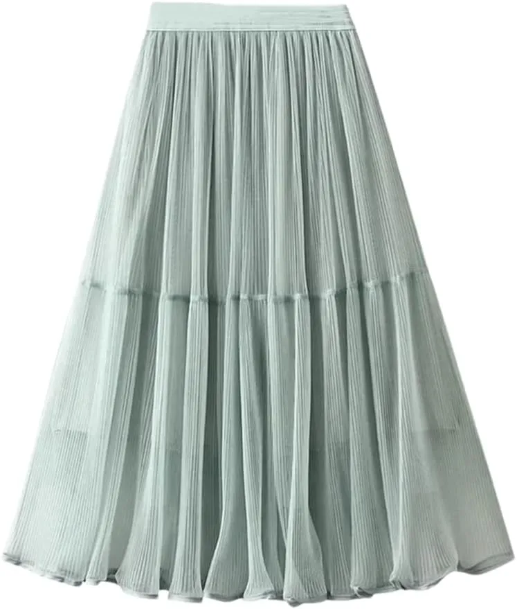 Women's Tulle Mesh Pleated Skirt Stretch High Waist Loose Solid Casual A-Line Midi Skirts