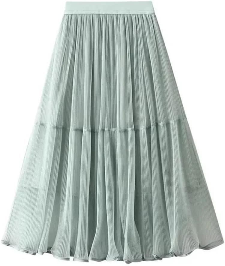 Women's Tulle Mesh Pleated Skirt Stretch High Waist Loose Solid Casual A-Line Midi Skirts