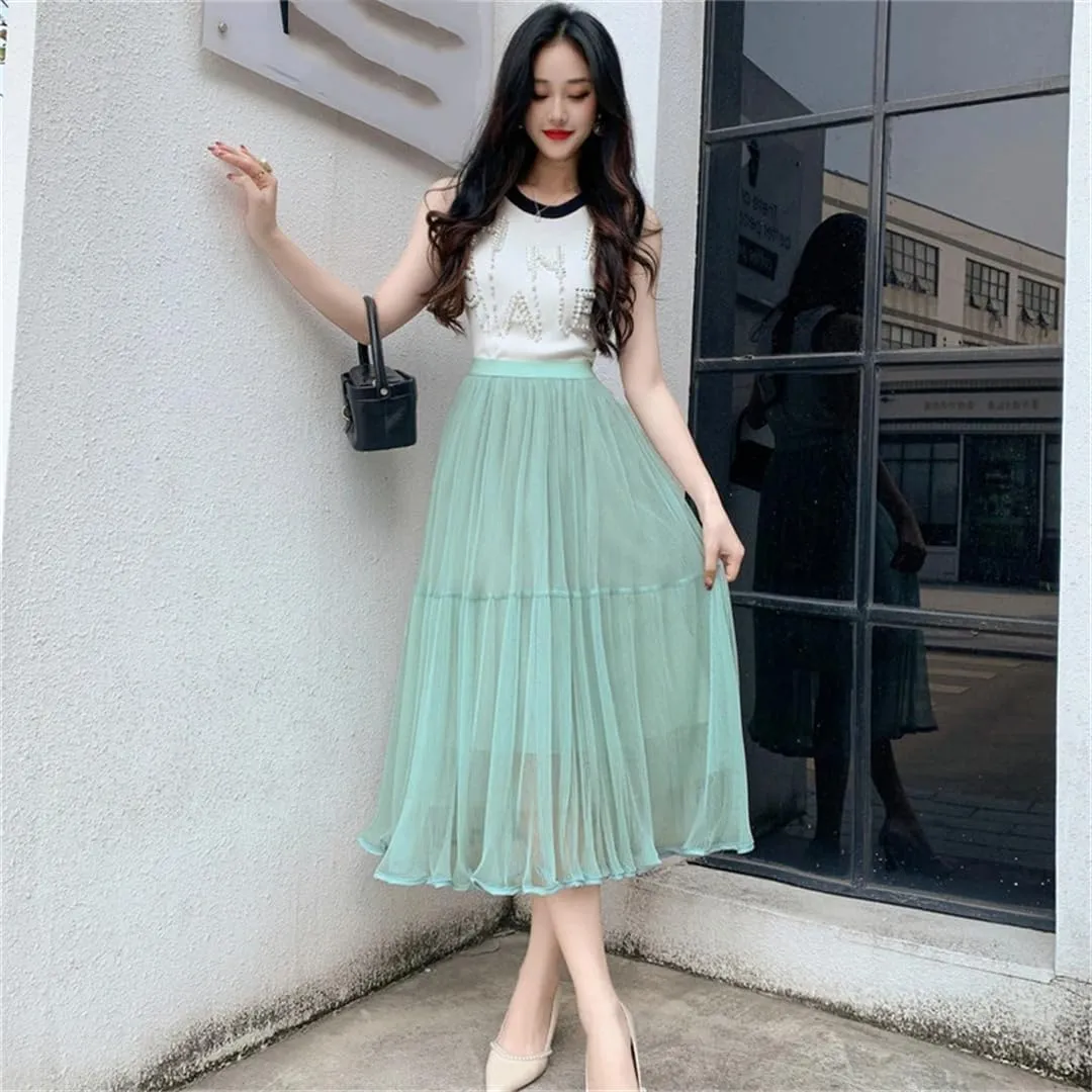 Women's Tulle Mesh Pleated Skirt Stretch High Waist Loose Solid Casual A-Line Midi Skirts
