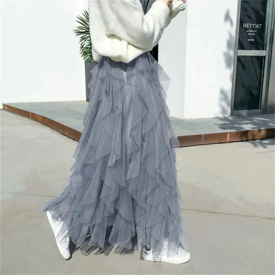 Women's Tulle Skirt Solid Stretch High Waist Pleated Casual Asymmetric Solid Midi Skirts