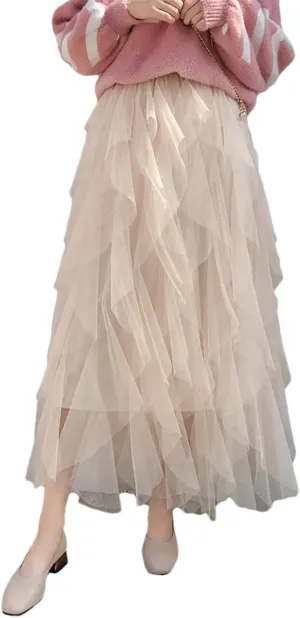 Women's Tulle Skirt Solid Stretch High Waist Pleated Casual Asymmetric Solid Midi Skirts