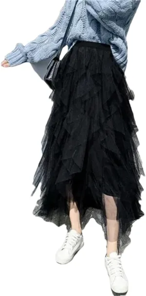 Women's Tulle Skirt Solid Stretch High Waist Pleated Casual Asymmetric Solid Midi Skirts