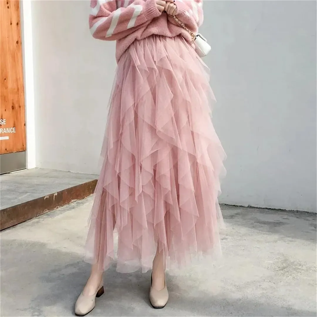 Women's Tulle Skirt Solid Stretch High Waist Pleated Casual Asymmetric Solid Midi Skirts
