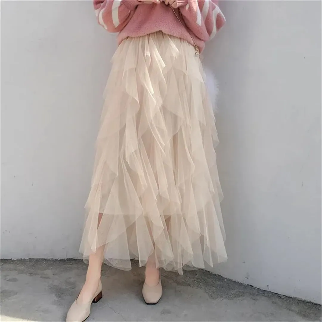 Women's Tulle Skirt Solid Stretch High Waist Pleated Casual Asymmetric Solid Midi Skirts