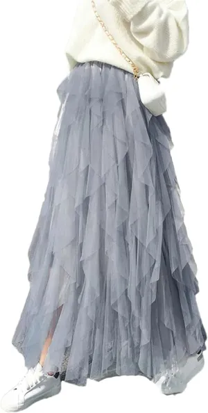 Women's Tulle Skirt Solid Stretch High Waist Pleated Casual Asymmetric Solid Midi Skirts