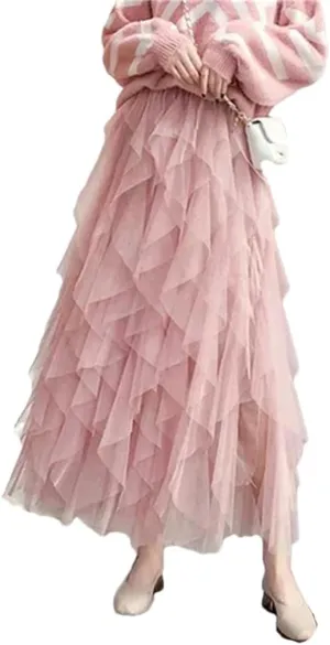 Women's Tulle Skirt Solid Stretch High Waist Pleated Casual Asymmetric Solid Midi Skirts
