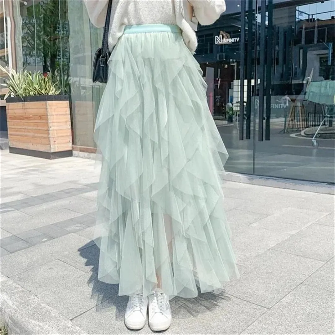 Women's Tulle Skirt Solid Stretch High Waist Pleated Casual Asymmetric Solid Midi Skirts