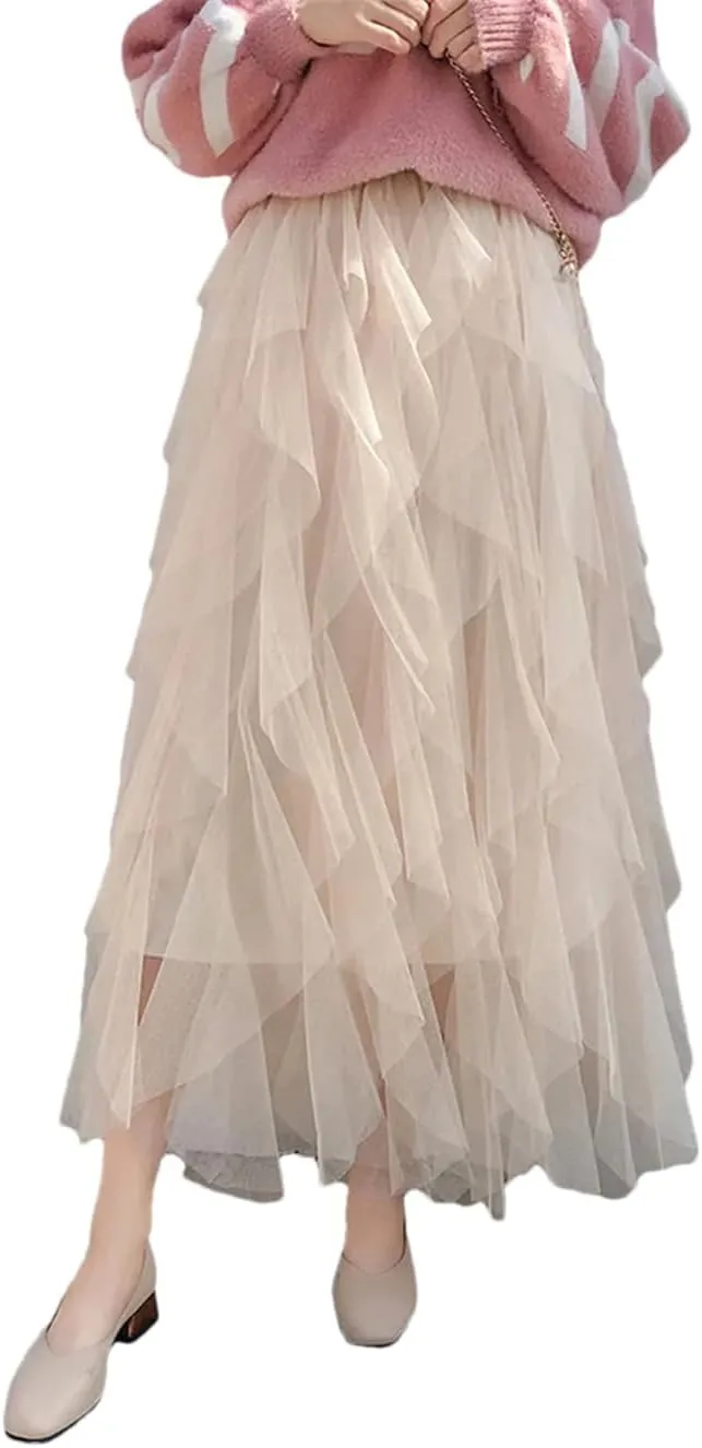 Women's Tulle Skirt Solid Stretch High Waist Pleated Casual Asymmetric Solid Midi Skirts