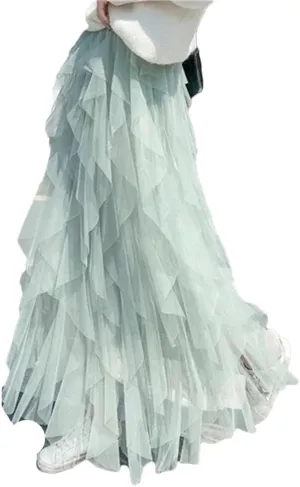 Women's Tulle Skirt Solid Stretch High Waist Pleated Casual Asymmetric Solid Midi Skirts