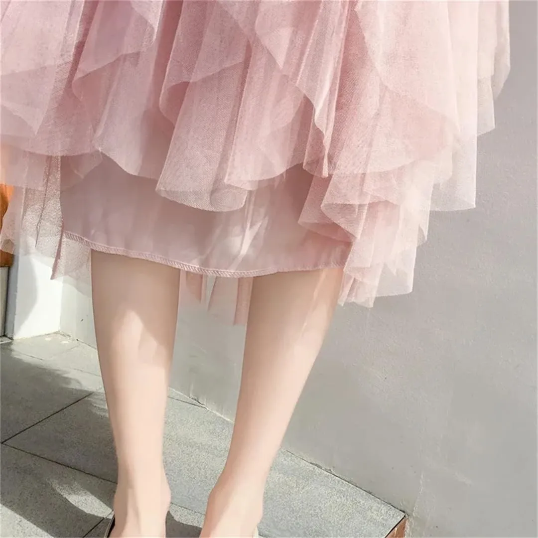 Women's Tulle Skirt Solid Stretch High Waist Pleated Casual Asymmetric Solid Midi Skirts