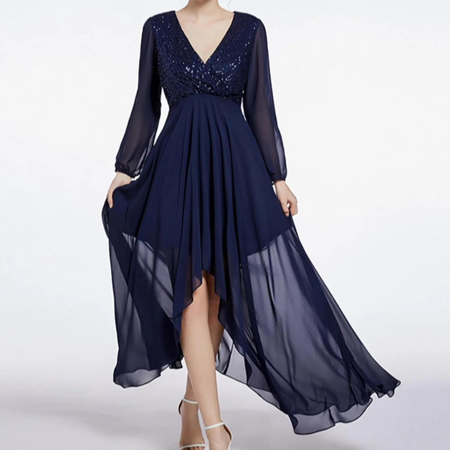 Women's Wedding Bridesmaid Sparkly Maxi Gown, Elegant Formal Long Sleeve V-Neck Chiffon Evening Dress Flowy Dresses